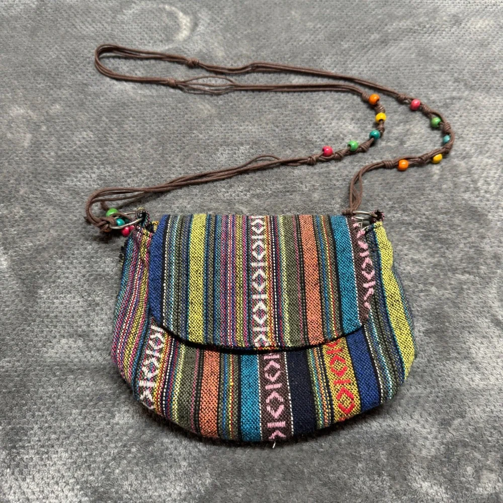 Aztec Boho Woven Striped Crossbody Bag Multi-Color Beaded Strap Festival Purse